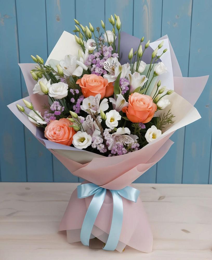 Букет цветов из: Лизиантусы, Розы, Альстромерии и Гипсофила в Чамзинке